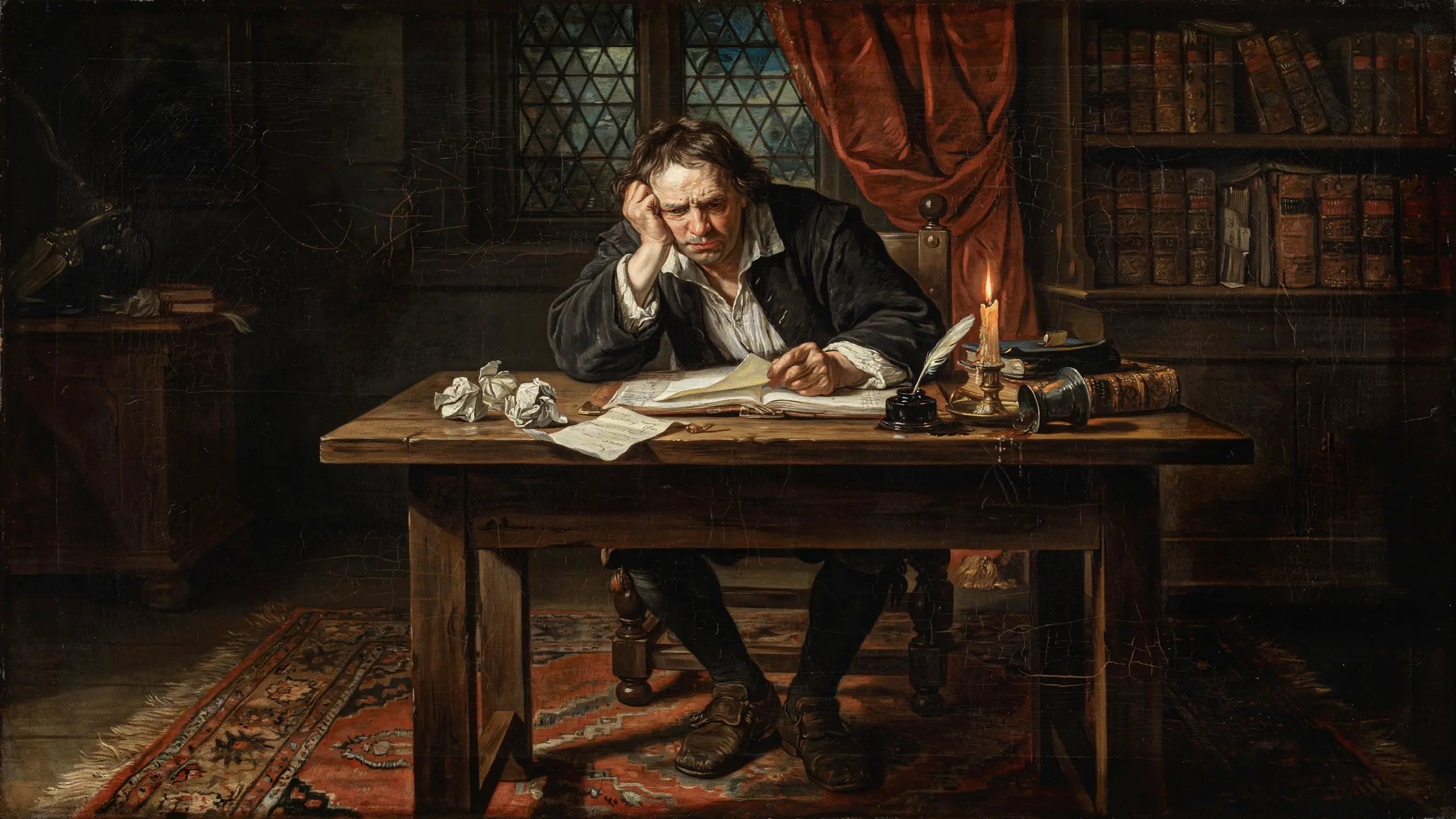Scholar writing by candlelight in a book-lined study, plotting influence — dark psychology in practice