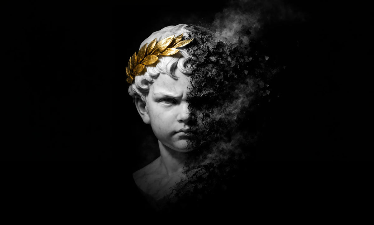 The Little Dictator by Stan Taylor — gold-laurel child emperor bust dissolving into smoke, wide art