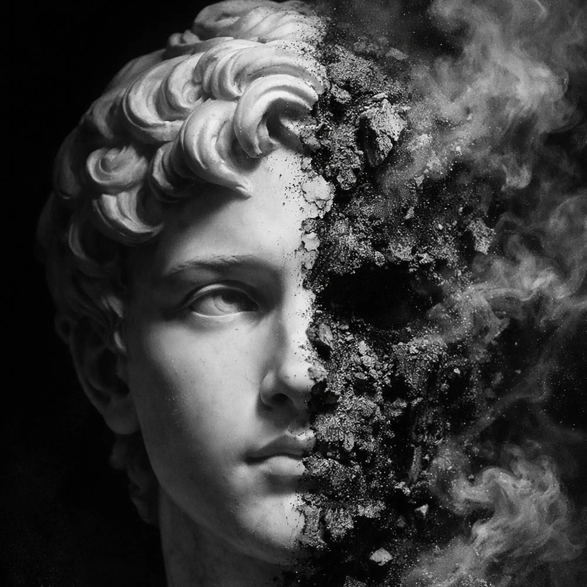Classical marble bust of a youth, half polished face and half crumbling ash — identity and transformation