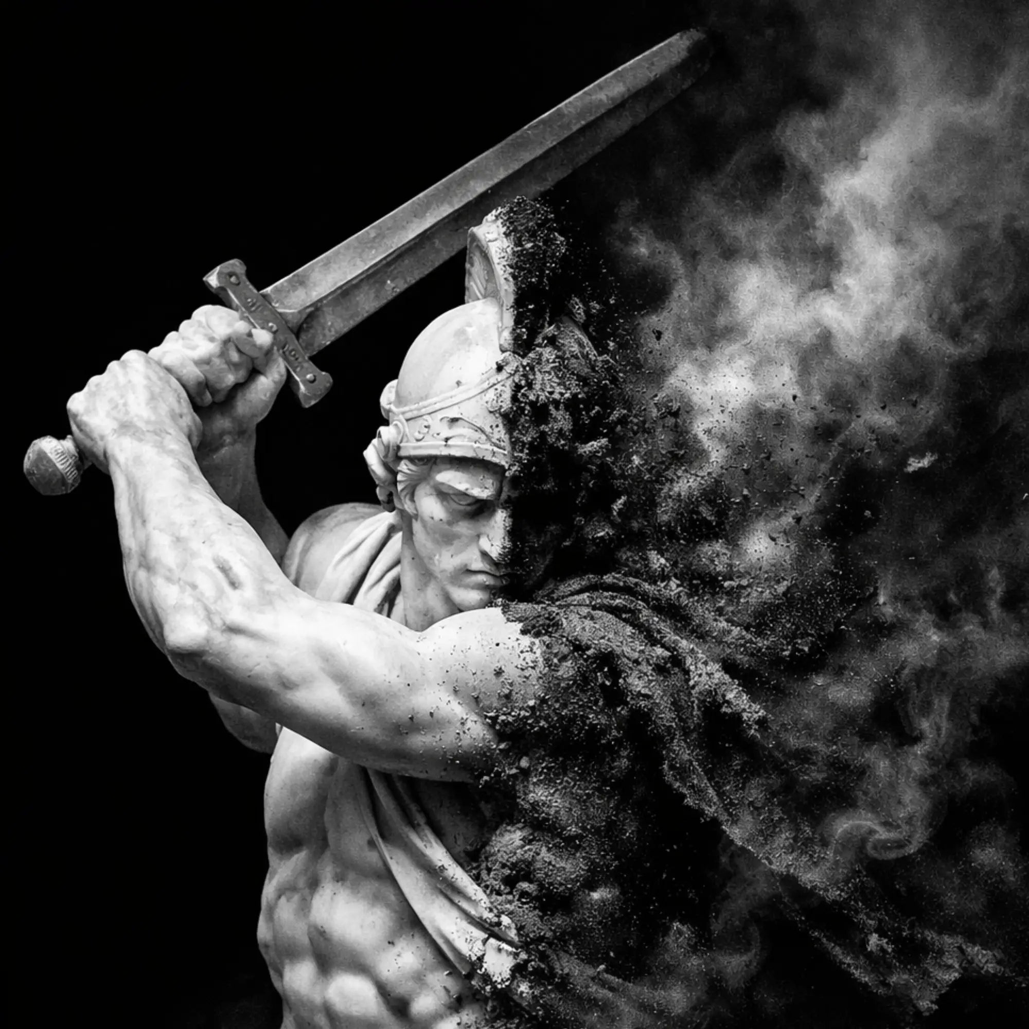 Marble warrior in a helmet raising his sword mid-strike, dissolving into ash — courage and raw power