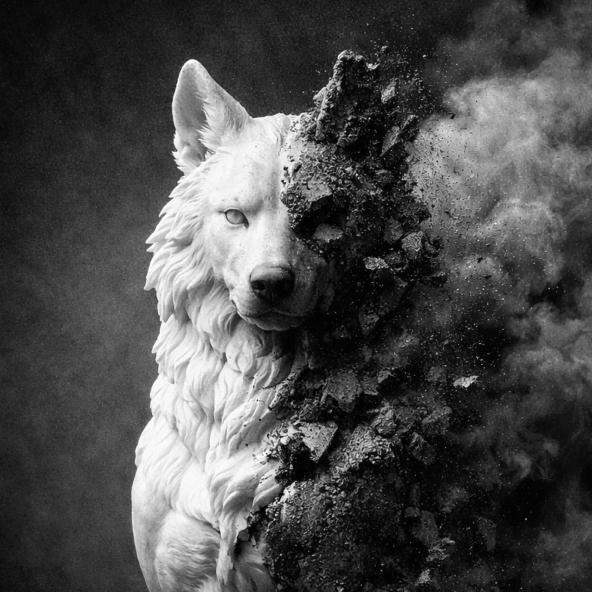 Sculpted white wolf's head dissolving into a cloud of dark ash — primal instinct and inner power