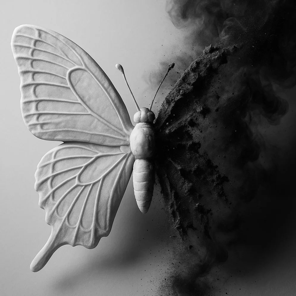 Butterfly with dark smoke effect on a light gray background
