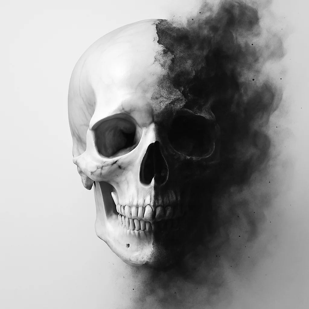 Skull with dark smoke effect on a light gray background