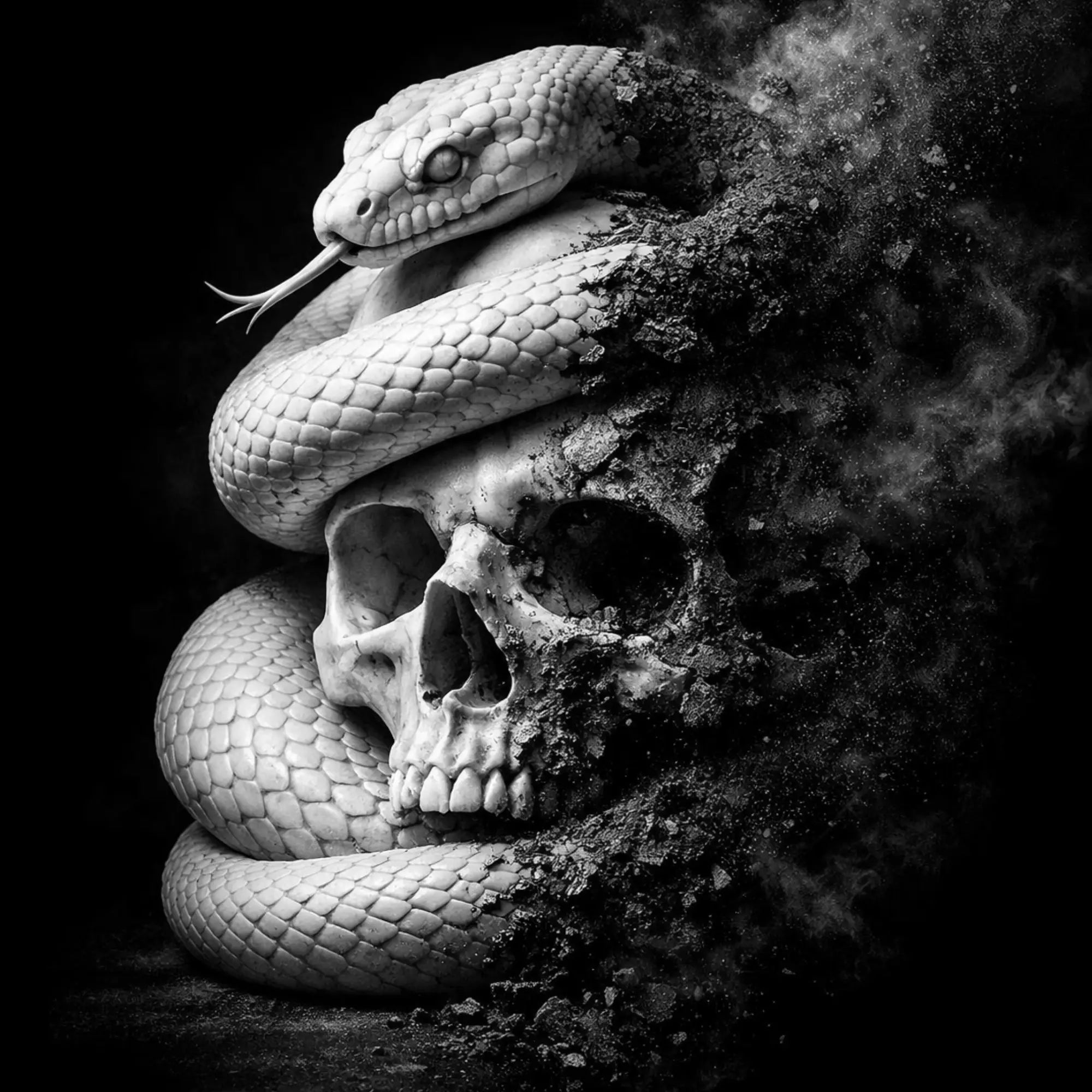 Marble snake coiled around a human skull, crumbling into dark ash — a memento mori and dark psychology