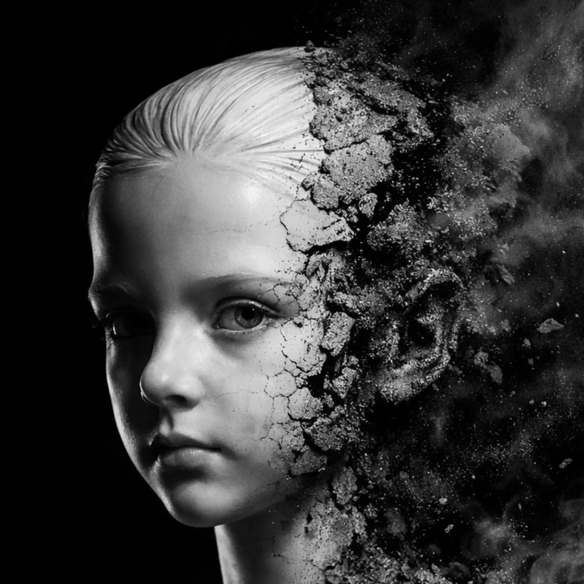 Marble portrait of a young girl, one half serene and the other cracking into dust — innocence and change