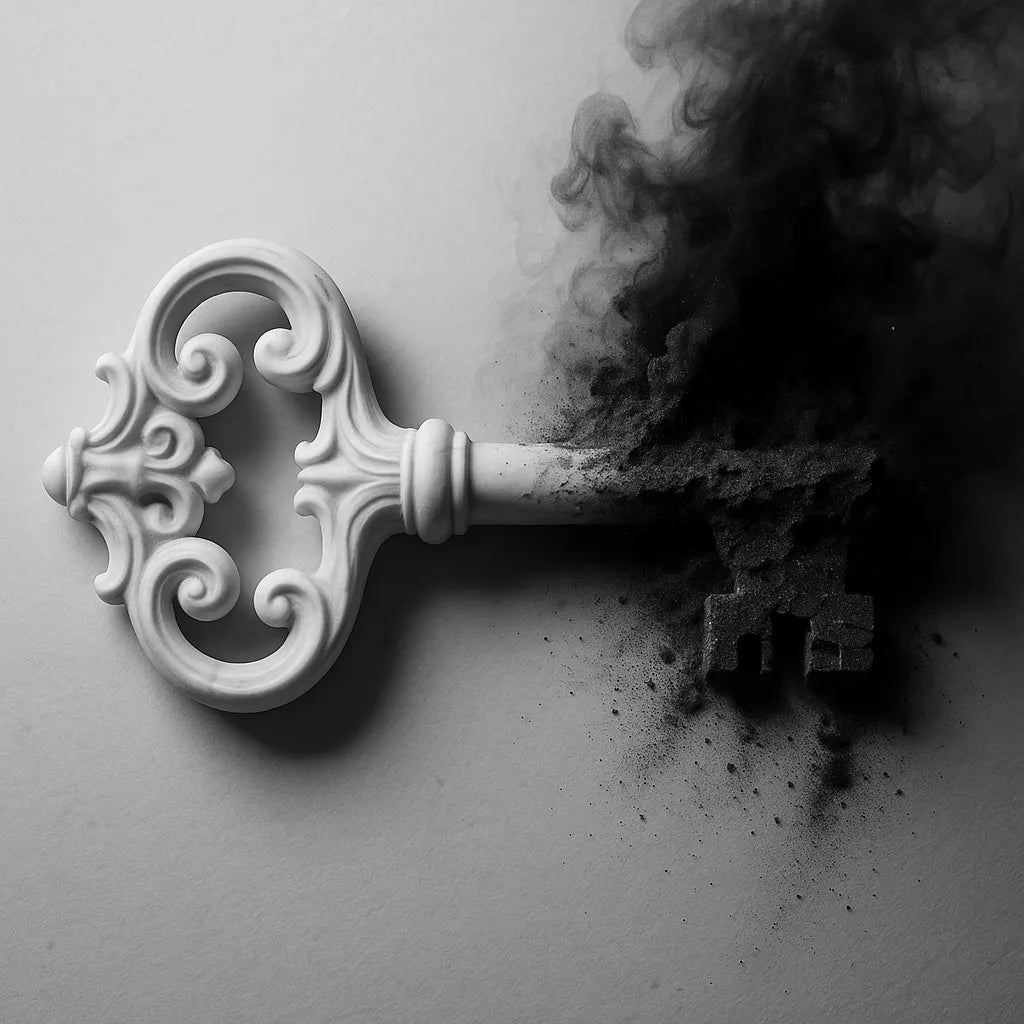 Decorative key with swirling black smoke on a light gray background