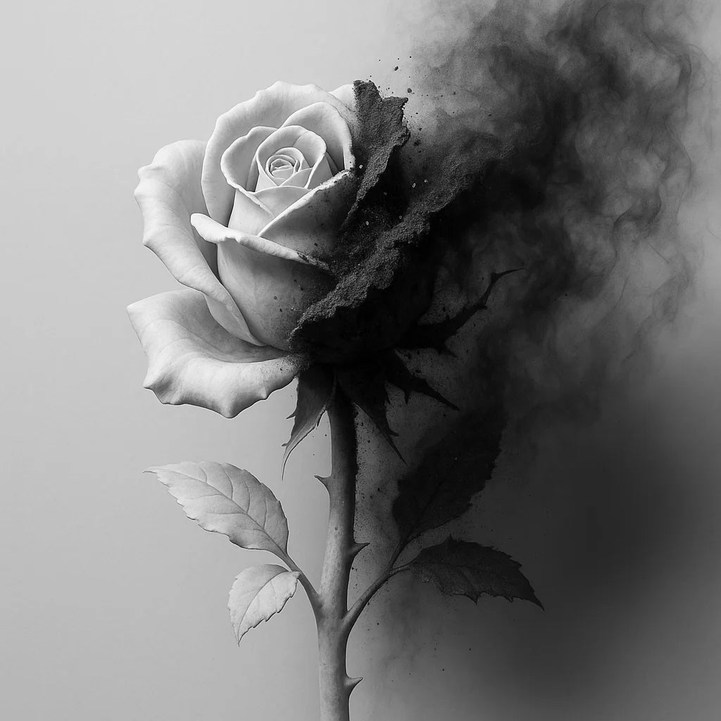 Black and white rose with dark smoke effect on a light gray background