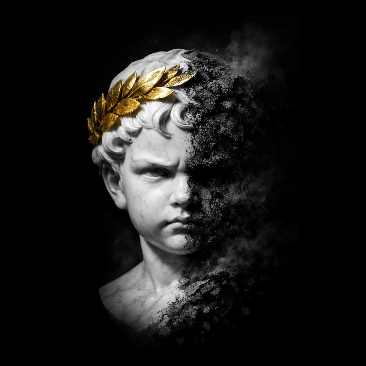 Child emperor bust with gold laurel crown eroding into smoke — The Little Dictator by Stan Taylor