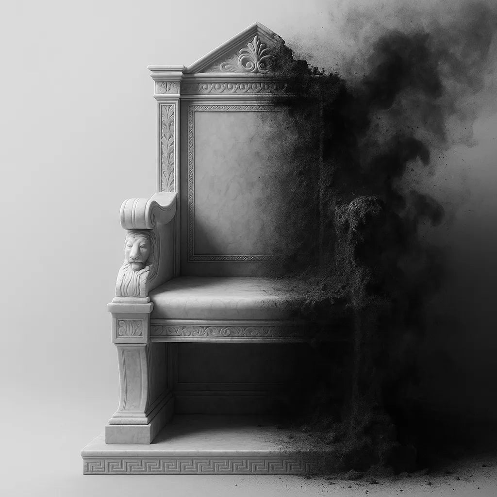 Decorative stone chair with intricate carvings on a plain background