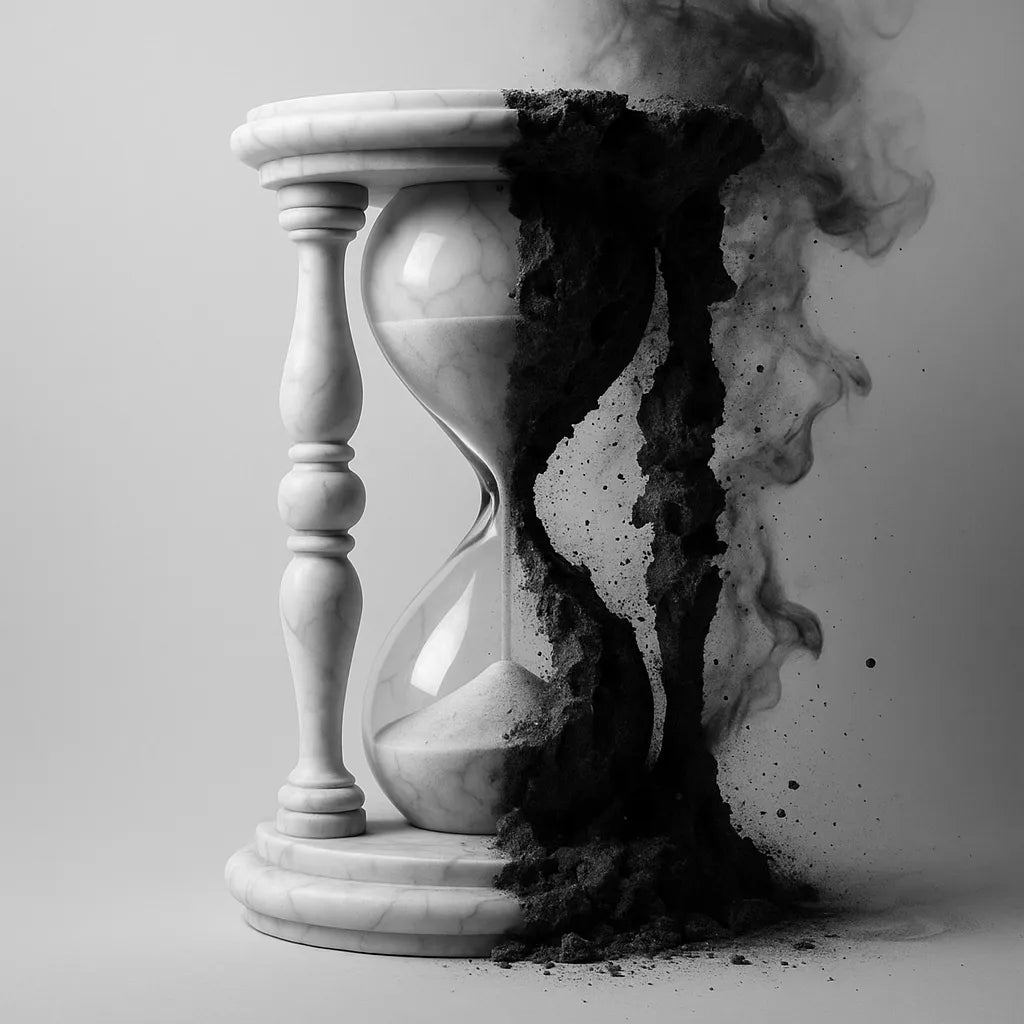 Marble hourglass with smoke effect on a gray background