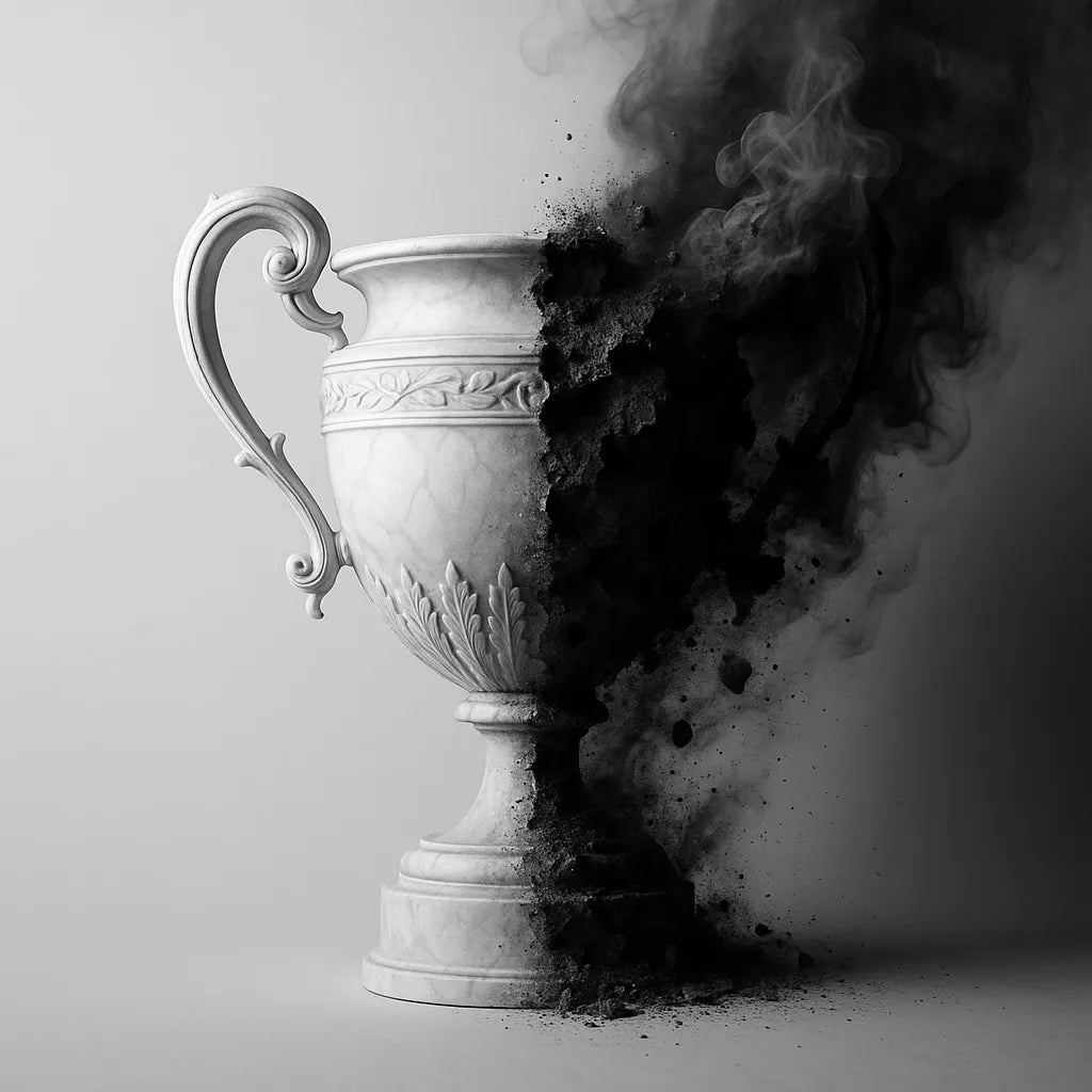 Decorative trophy with dark smoke emerging from it on a light gray background